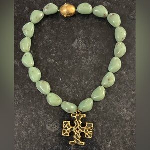 Tory Burch Jade/Aventurine Stone Logo Pendant Statement Necklace RARE VINTAGE